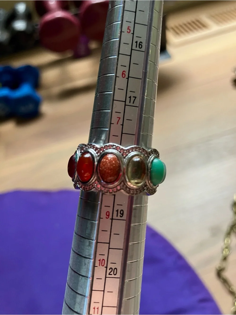 Multigemstone Silver Band Ring with Red, Blue, Gray and Black Stones